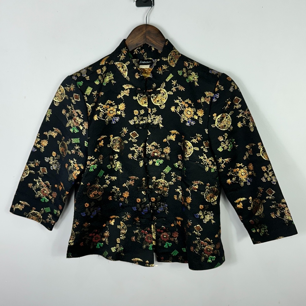 Frederick's Hollywood Brocade Jacket Women 6 Black Gold Floral Y2K Whimsigoth‎